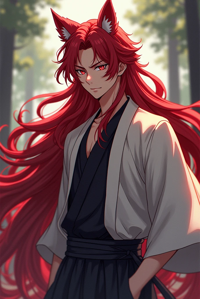 Create a 20-year-old man who is 1,76, who has long red hair and red eyes, who wears normal clothes and a haori, What is a nine-tailed kitsune?, full body, anime, with warrior appearance