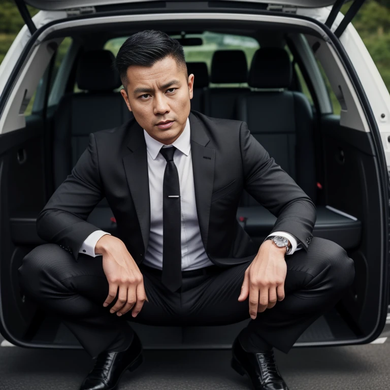 30 years old,One Man,Black Suit、With a handgun on his hip、guard、Raid、Exit the vehicle、Squat with your legs apart、,,logic,Gay ,Very short hair、 ,Asian Faces,、The crotch area of my trousers is swollen Handsome My stomach hurts Screaming face