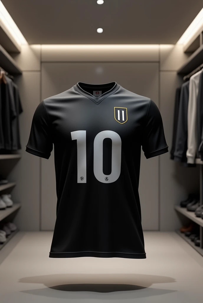 Draw a design of a black soccer jersey with the number facing the camera and inside a closet. 