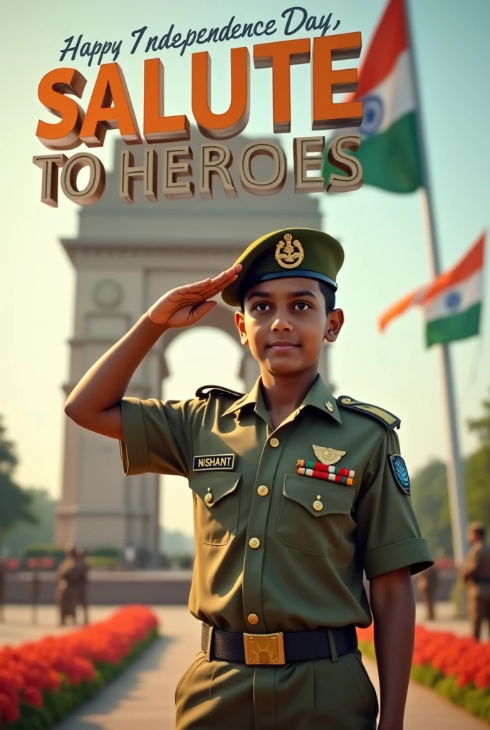 Portrait of a 12-year-old Indian boy dressed as a soldier, saluting the Indian flag. He stands in front of a monument with flowers laid at the base. His uniform has ‘Nishant‘ on the chest, and ‘Salute to Heroes’ is written in bold at the top. On side 'Happy Independence Day is written in 3D