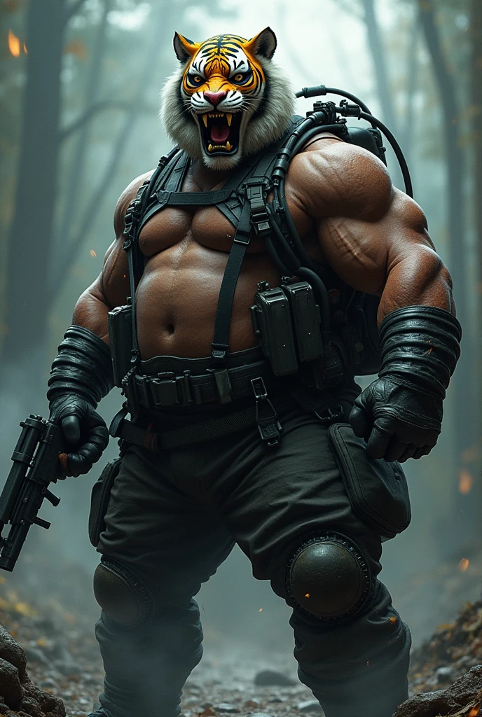 (a dark-skinned fat muscular old man in scuba diver suit) carrying a gun in right hand, (wearing realistic roaring tiger mask), dynamic action pose, fierce expression, showcasing an imposing stature, surrounded by military elements, dramatic shadows and intense highlights, cinematic color tones, high detail, powerful, art influenced by Bruce Onobrakpeya and Stanley Artgerm, ultra-detailed, best quality image, action-packed atmosphere. fighting stance. Huge Bulge, Hyper Size Bulge,Cock Bulge, Balls Bulge