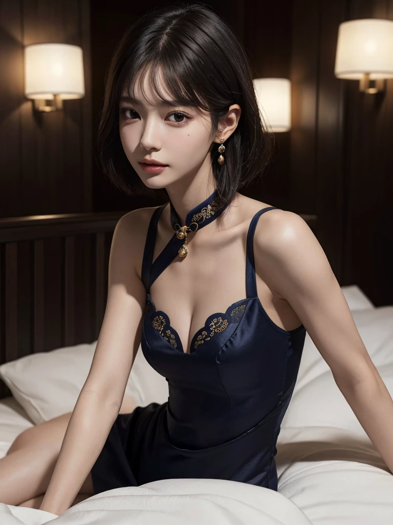 absurdres, RAW photo, extremely delicate and beautiful, masterpiece, Best Quality, ultra high resolution, 32k, hyper realistic, ultra-detailed, Very detailed CG 8k wallpaper, detailed background, landscape, Beautiful Lighting, Perfect Lightning, Realistic Shadows, perfect anatomy, anatomically correct, ideal ratio body proportions, perfect figure, Perfect Style, Perfect balance, super Detailed skin, in her 10s, very Slim body, narrow waist, very small head, very small face, delicate facial features, handsome detailed woman, very detailed eyes and face, realistic face proportions, Realistic beautiful face, Realistic beautiful eyes, tearful mole, earring, (very huge round tits), medium short hair, asymmetrical hair, wavy hair, (cheongsam), sleeveless, at bed,