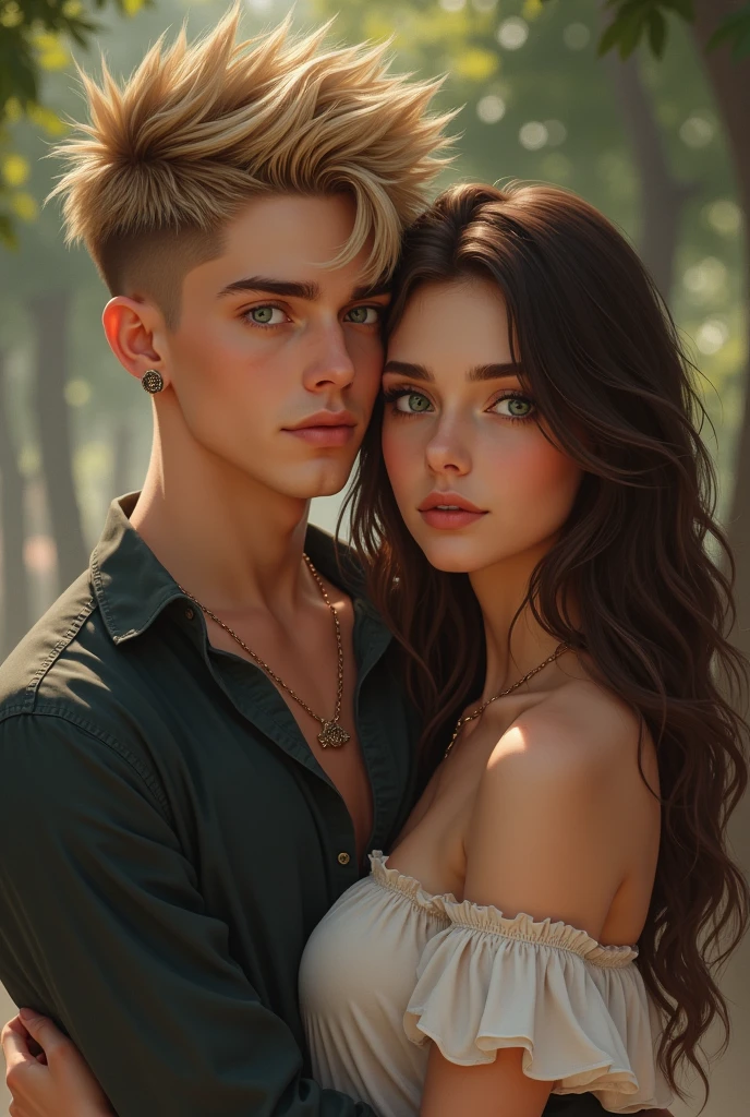 guy, blond, short haircut with spiky hair ,ears are pierced , green eyes  , realistic 24 year old handsome guy , and 20 year old beautiful girl , the girl has brown hair, long hair, oval face, blue eyes ,  the guy is hugging the girl around the waist , realistic 