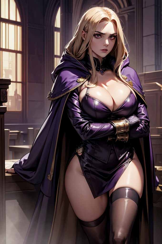 A vampire character wearing a trench coat, Own, don, long hair, powerful, laboratory, pergaminhos , textbooks, Volumes, creatures, study table, 8k, hooded cloak, dramatic scene, Magnificent, Purple Gothic Armor, arms crossed in a challenging positioning, gothic armor, cleavage, thigh, short skirt, sexy