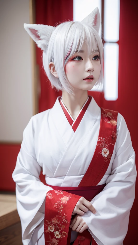 White Demon Fox、Nine-tailed Fox、Japanese women、kimono、Fair skin、Red lines on face、8K、I have white hair、Bobshort hair