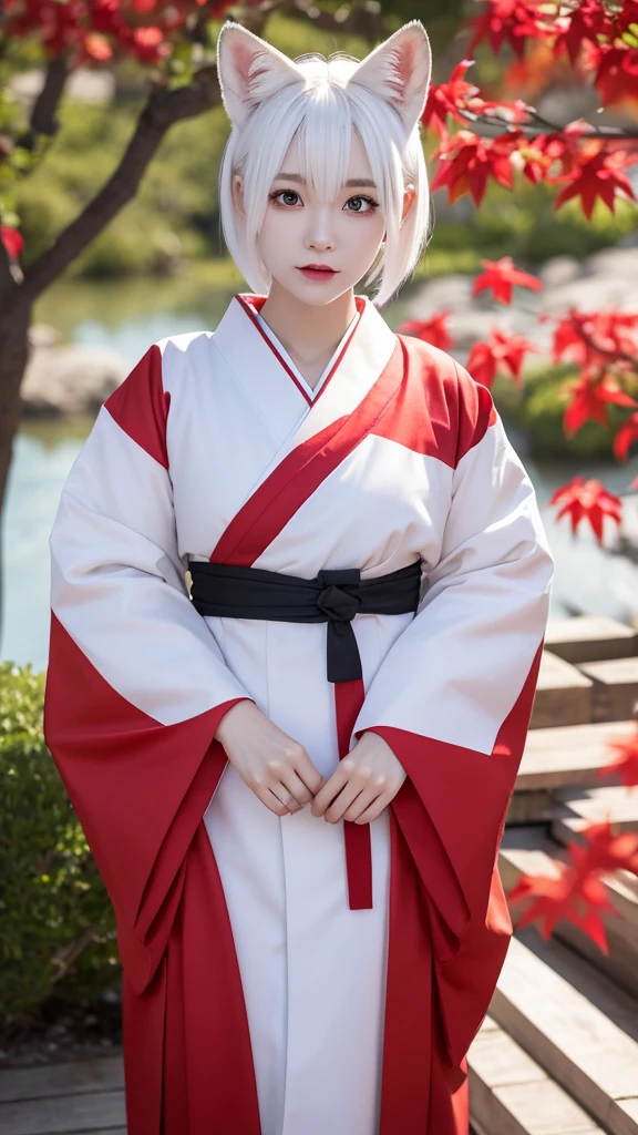 White Demon Fox、Nine-tailed Fox、Japanese women、kimono、Fair skin、Red lines on face、8K、I have white hair、Bobshort hair