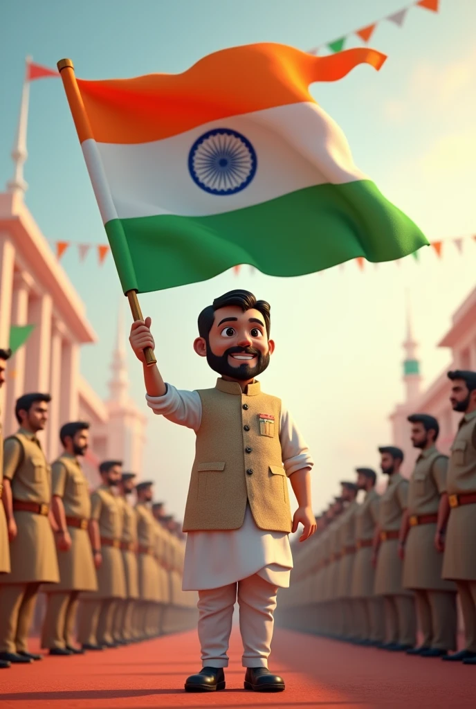 "Design a 3D scene of an Independence Day celebration. The focus is on a prominent politician proudly hosting the Indian flag at the forefront. The flag should be depicted in a dynamic, waving motion. In the background, include a group of other politicians and police officers standing respectfully. Add festive decorations and a crowd to the scene, while ensuring the 3D rendering highlights the key figures and the flag prominently. Use realistic textures, lighting, and shadows to create a lifelike and impactful image."