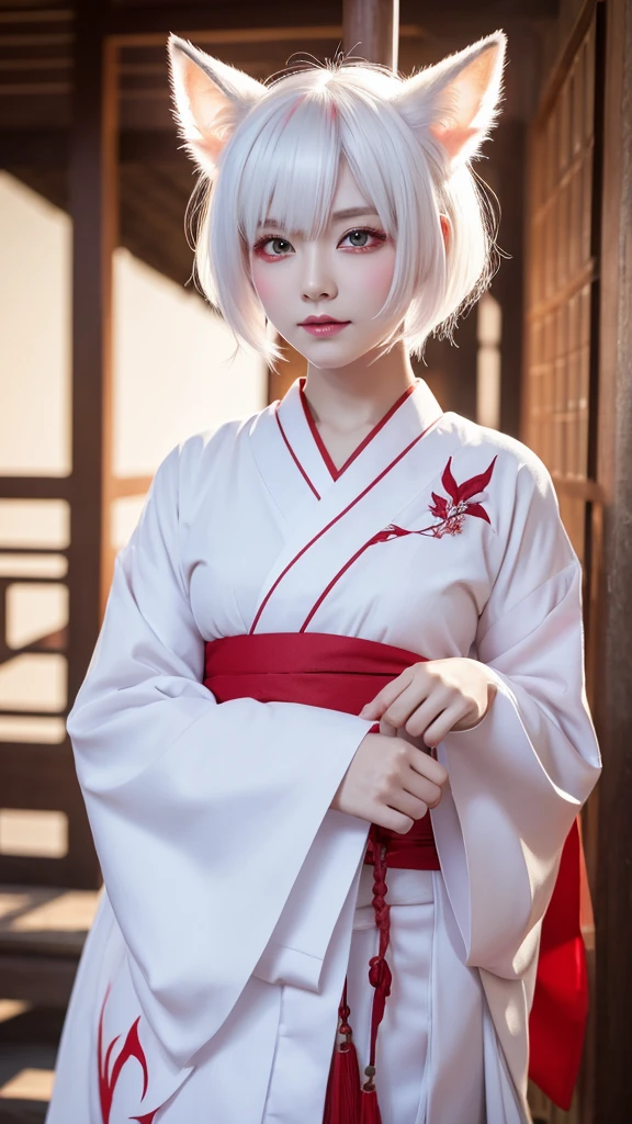 White Demon Fox、Nine-tailed Fox、Japanese women、kimono、Fair skin、Red lines on face、8K、I have white hair、Bobshort hair