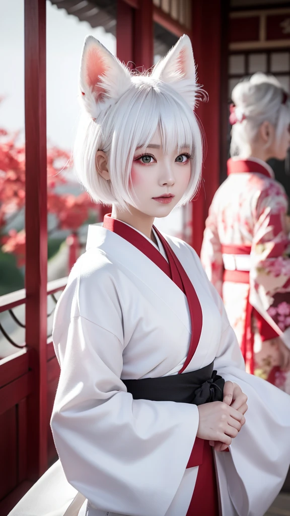 White Demon Fox、Nine-tailed Fox、Japanese women、kimono、Fair skin、Red lines on face、8K、I have white hair、Bobshort hair