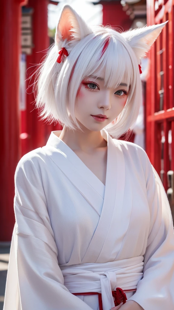 White Demon Fox、Nine-tailed Fox、Japanese women、kimono、Fair skin、Red lines on face、8K、I have white hair、Bobshort hair