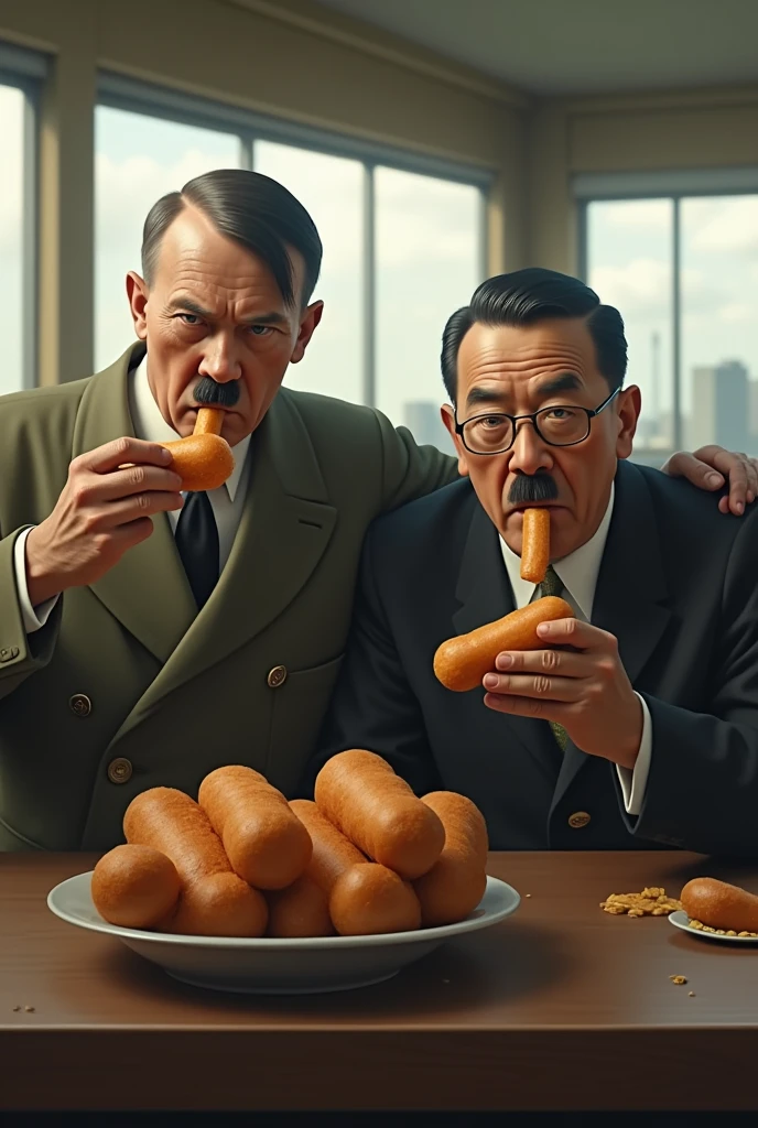 Adolf Hitler eating corndogs with Hirohito