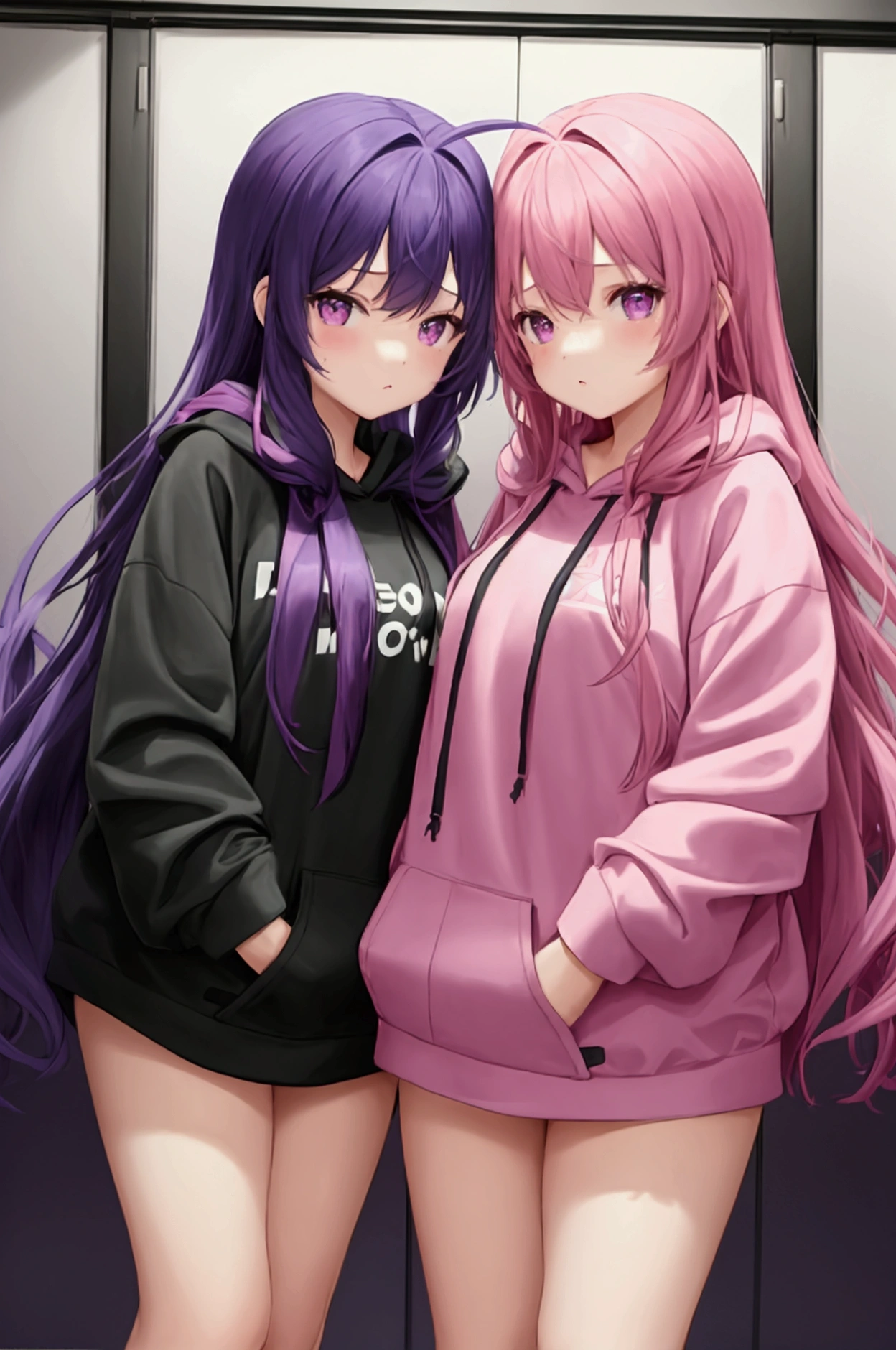twin girls, one pink and one purple with long hair, all wearing black hoodies