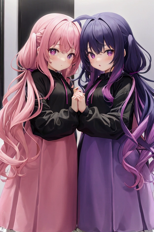 Dark pink hair and clothes,Black and purple clothes,and gold jewelry,She is a very proud queen sister