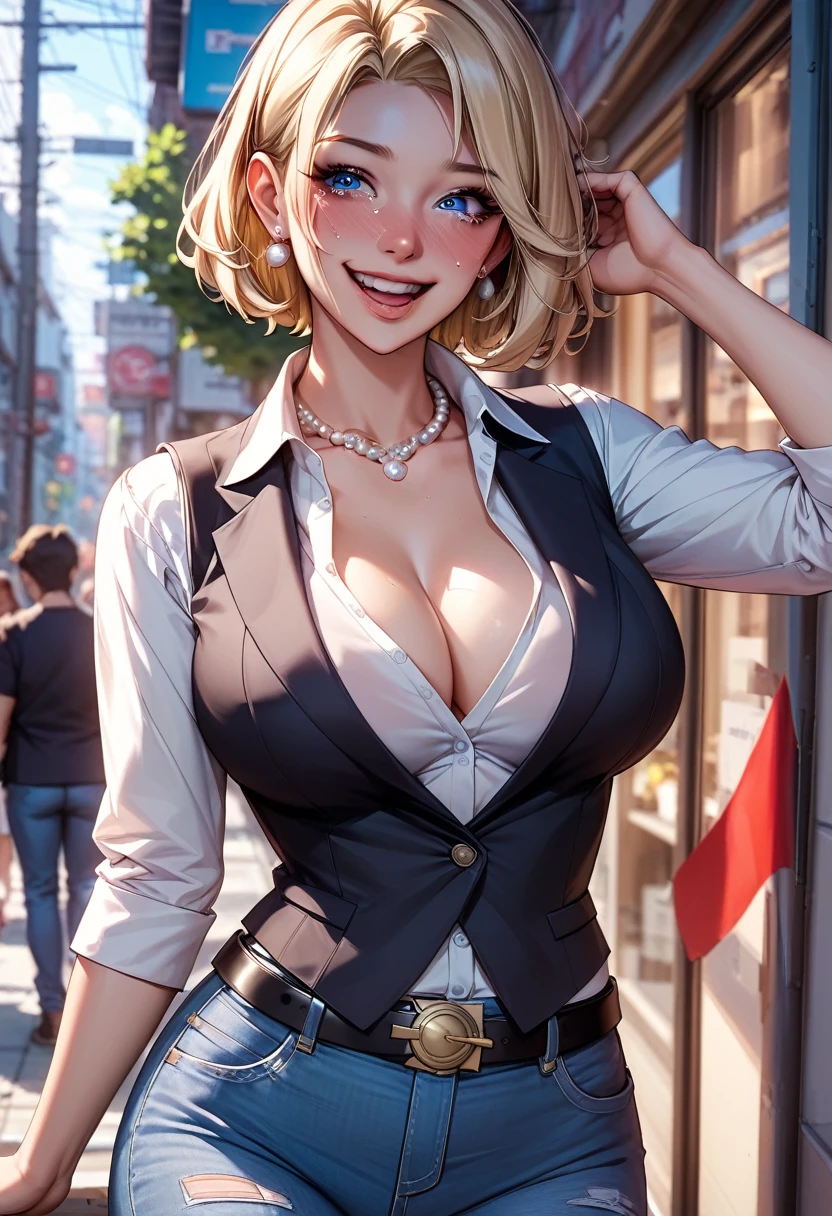 perfection、(Artificial Human Room No. 18, Blonde、short hair, Blue Eyes、Large Breasts)、Professional illustrations、Professional Lighting、Light and shadow、Extremely detailed depiction、Detailed face、Detailed eyes。(jeans、White shirt、Black vest、Leather Belt、Earrings、Pearl Necklace)、sexy、Browsing Caution、Cowboy Shot、Best Angle、(Neon Town、Laughs and Tears、Drunk)
