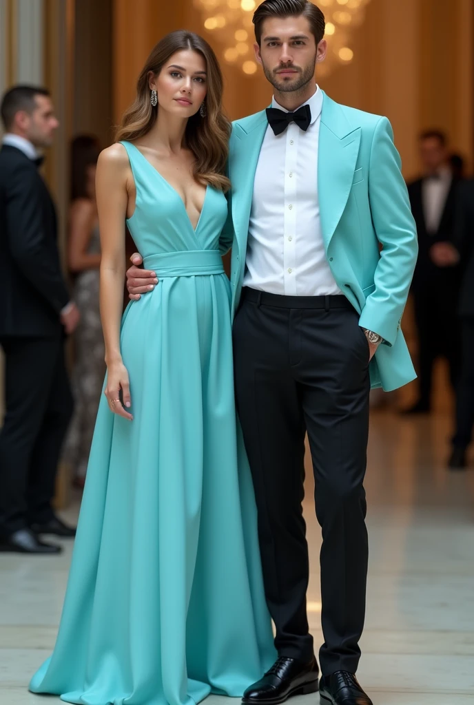 Un couple dont l'homme est habillé en chemise bleu simple turquoise clair avec noeud papillon noir sur un pantalon noir et chaussure en cuir et la dame en robe bleu turquoise clair aussi à une soirée de gala,