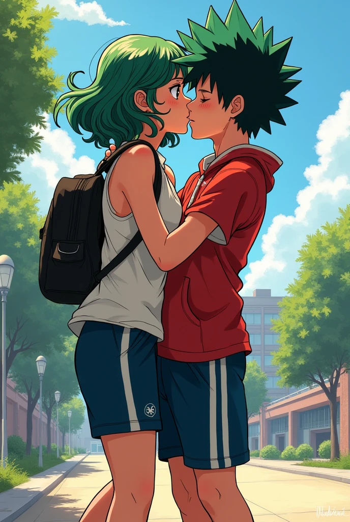 Izuku Midoriya (female with curly hair), Who kisses Katsuki Bakugo (male), in sportswear, High school students , du style manga