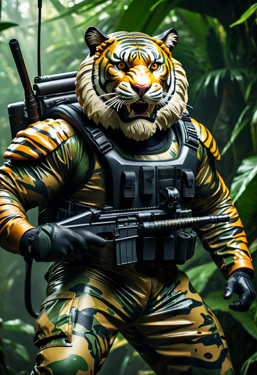 (a dark-skinned bearded fat muscular old man in a bulky army camouflage zipper diver suit) carrying a gun, (wearing realistic roaring tiger mask), dynamic action pose, fierce expression, showcasing an imposing stature, surrounded by military elements, dramatic shadows and intense highlights, cinematic color tones, high detail, powerful, art influenced by Bruce Onobrakpeya and Stanley Artgerm, ultra-detailed, best quality image, action-packed atmosphere. jungle
