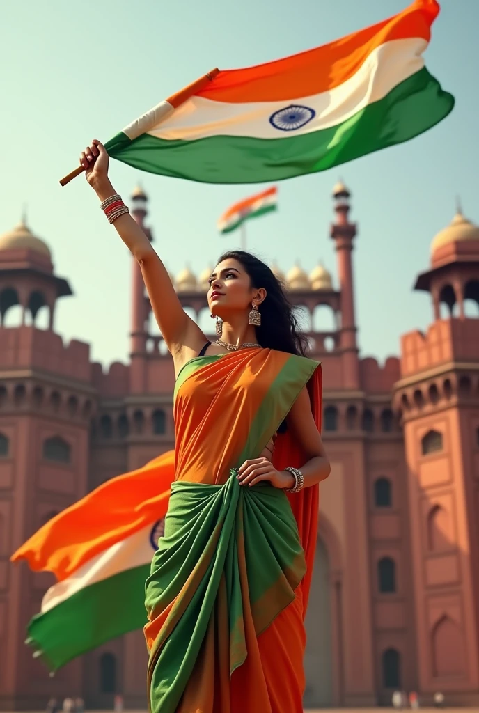 A woman holding the Indian flag proudly in one hand, standing in front of the Red Fort. On the side, the name 'Aliya' is written in large, transparent letters, creating a patriotic and vibrant 3D scene ultra realistic photography hd 32K 