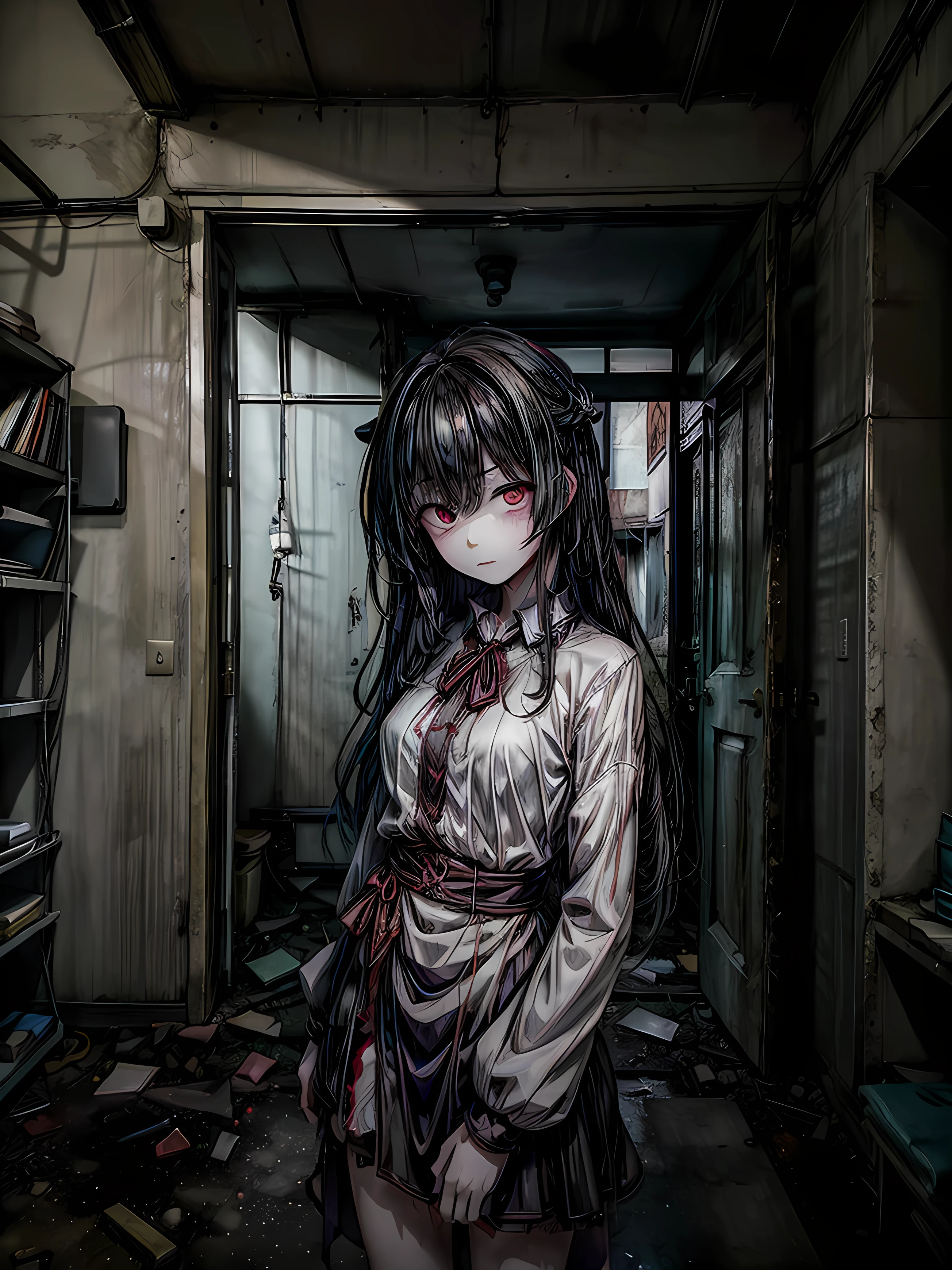 Best quality, masterpiece, Representative work, official art, professional, Very complex detailed, 8 K, dark surreal, complex design, Dramatic shadows, an anime girl with big eyes stands in the doorway of an abandoned building, pale young ghost girl, A girl with white eyes, with huge glowing sad eyes, work in Guweiz style, mysterious girl, creepy art style, by Kamisaka Sekka, eerie and grim art style, Junji, creepy atmosphere