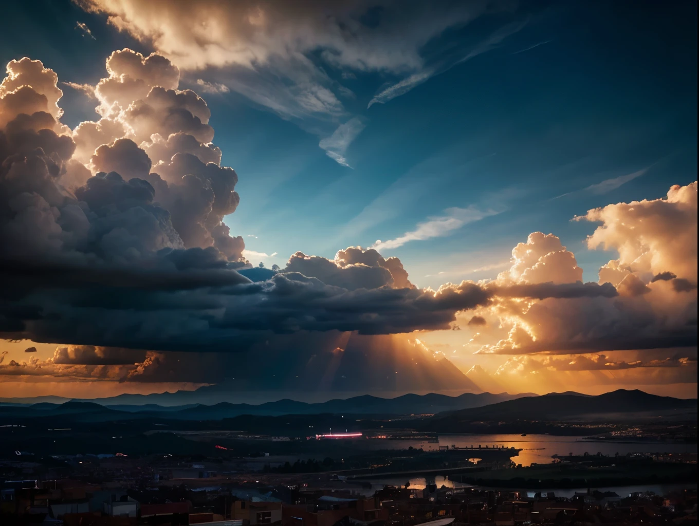 a beautiful detailed cloudy sky, dramatic sunlight, vibrant colors, epic landscape, atmospheric lighting, cinematic composition, photorealistic, 8k, high resolution, masterpiece, (best quality:1.2), ultra-detailed
