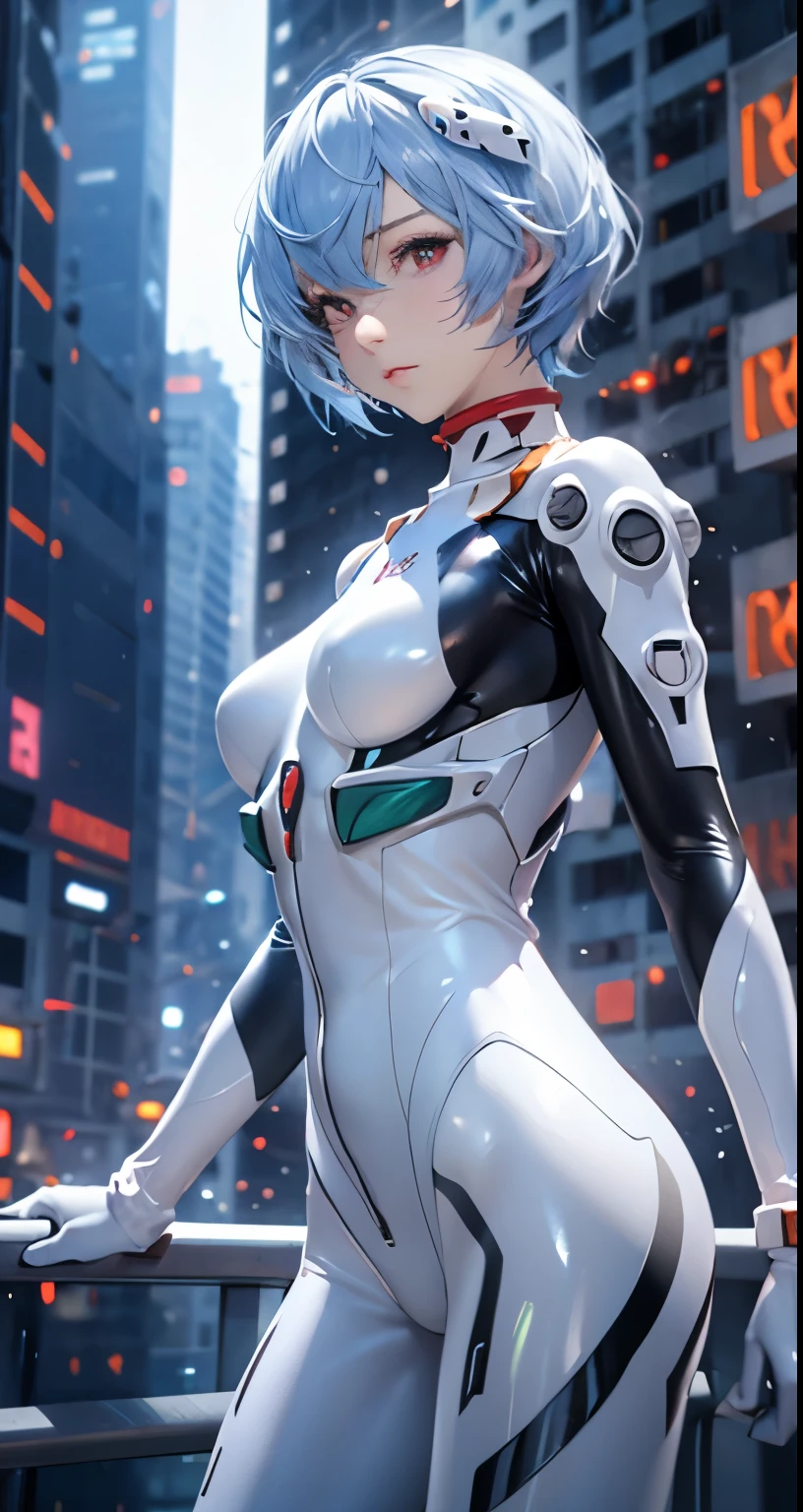 (Realistic, photoRealistic), Ayanami_wang, 1girl in, Blue short hair, white hair ornament, ((White bodysuit, gloves)), Saihar body), (Cowboy Shot),(masutepiece, High quality, Best Quality), (Colorful),(Delicate eyes and face), volumatic light, Ray tracing, the Extremely Detailed CG Unity 8K Wallpapers,Solo((flying petal)),Outdoors, ((Cyberpunk)), Cyber City, ((neon trim)), Night,(Cityscape),frontage,(Opening legs), from side