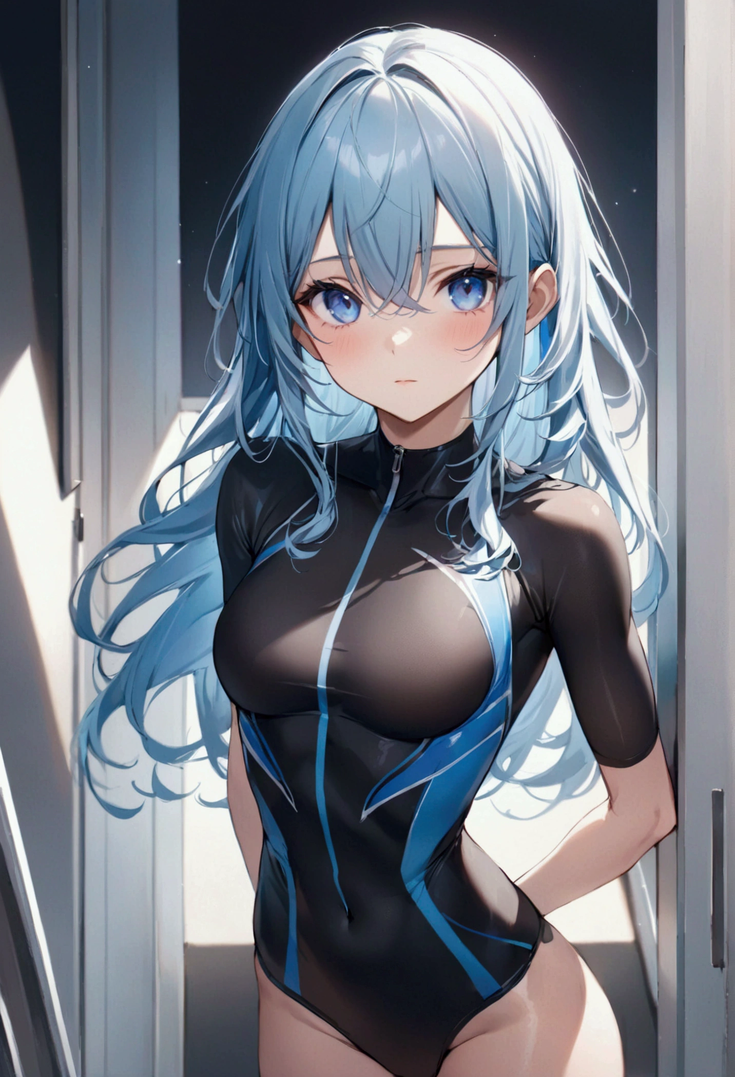 Anime young woman with long icy blue hair,blue eyes, slender and athletic built, detailed body, detailed eyes, masterpiece, best quality, aesthetic
