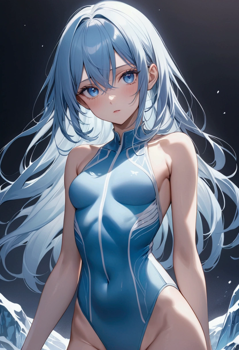 Anime young woman with long icy blue hair,blue eyes, slender and athletic built, detailed body, detailed eyes, masterpiece, best quality, aesthetic