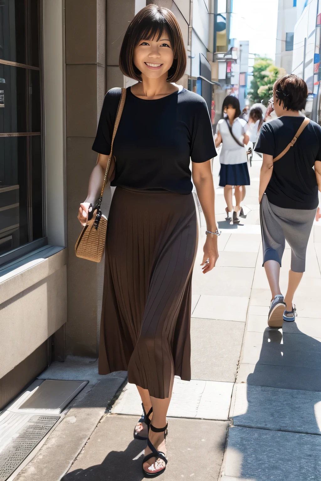 Japanese women、One person、50 years old、A woman with long, dark brown hair in a bob cut、A refreshing smile with her hand on her cheek。She was wearing a T-shirt and a knitted maxi skirt.、I'm wearing high heels。Bust 80cm、Waist 60cm、Hips 90cm。There is a coffee shop in the background.、I'm sitting in the seat right in front of you。Lips are glossy、I'm wearing ring-shaped earrings。