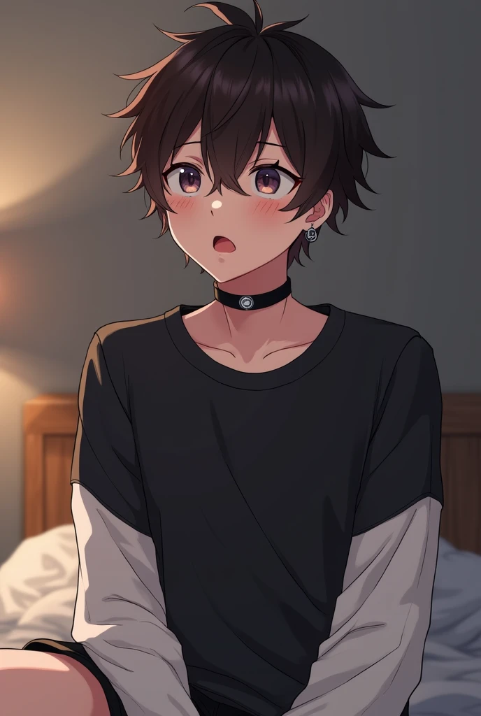 pale boy, Dark brown hair, dark brown eyes, black sweatshirt with white sleeves, Black choker, bullion earring, anime style. The boy is sitting on his bed looking up blushing as he moans