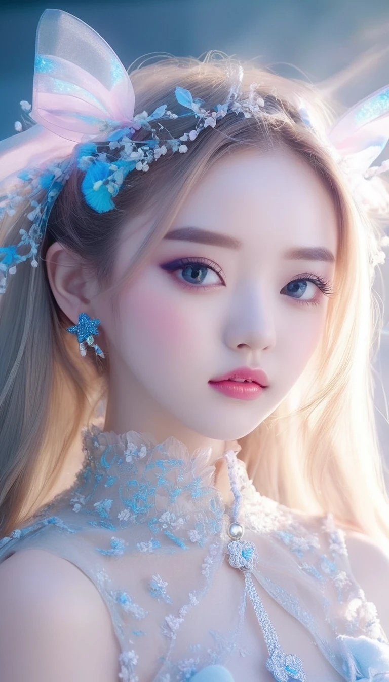 araffe girl with long hair holding a blue teddy bear, ulzzang, wan adorable korean face, cute beautiful, beautiful cute, popular south korean makeup, beautiful south korean woman, gorgeous young korean woman, with blue skin, beautiful young korean woman, cute colorful adorable, popular korean makeup, young adorable korean face, korean girl, sha xi, jaeyeon nam