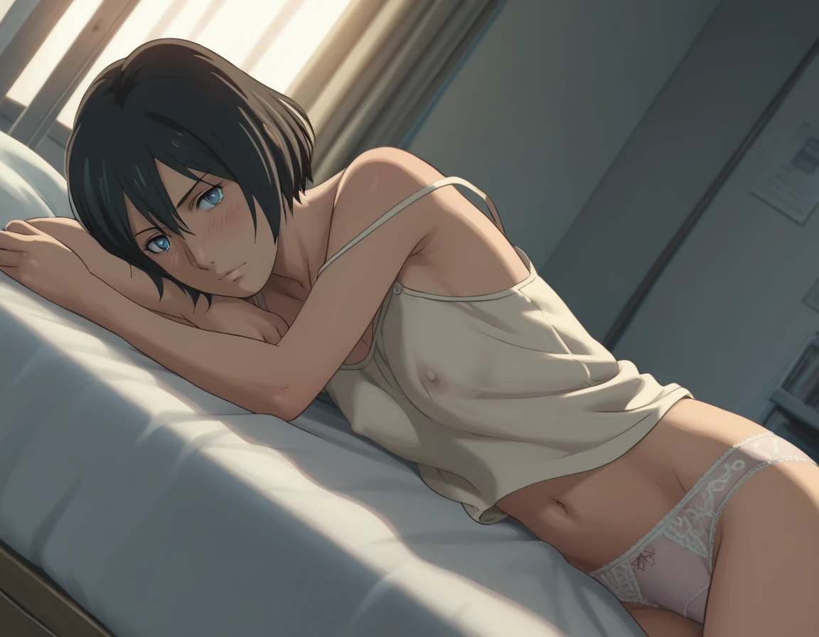 score_9, score_8_up, score_7_up, source_anime,
yukariyukino, yukari yukino, short hair, black hair, detailed blue eyes, hair between eyes,(( perfect eyes )), Perfect face, expressive eyes,
(show off breast), ((undress camisole)), detailed nipples, detailed navel, white lace panties,
indoors, bed, realistic bed room, on side, blush,
cowboy shot, looking at viewer, solo, dutch angle,