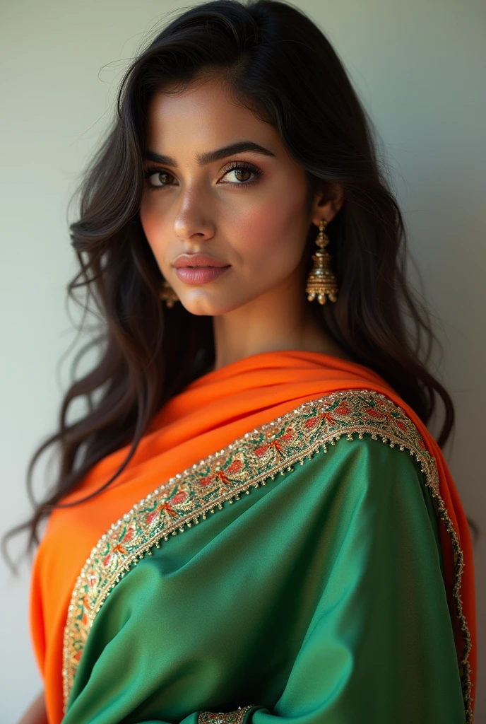 Ultra realistic photo of a sexy Indian woman wearing indian flag as saree.