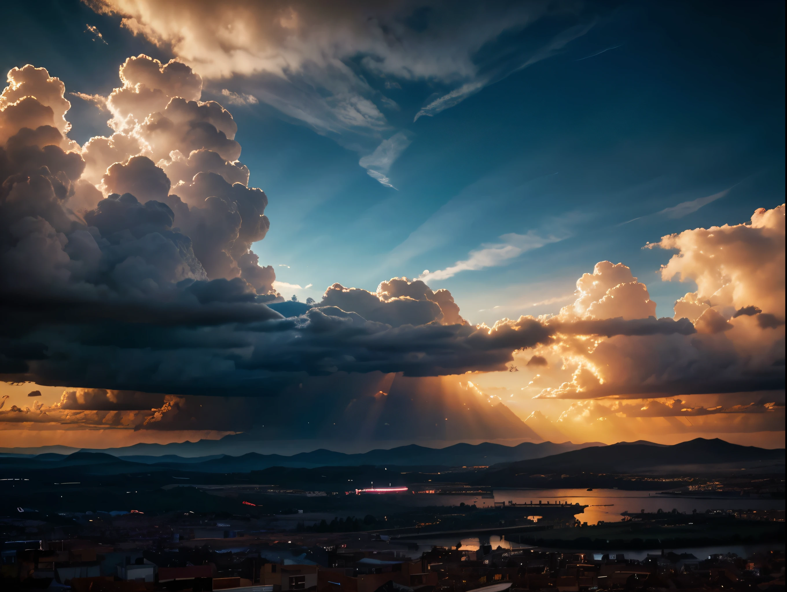 a beautiful detailed cloudy sky, dramatic sunlight, vibrant colors, epic landscape, atmospheric lighting, cinematic composition, photorealistic, 8k, high resolution, masterpiece, (best quality:1.2), ultra-detailed
