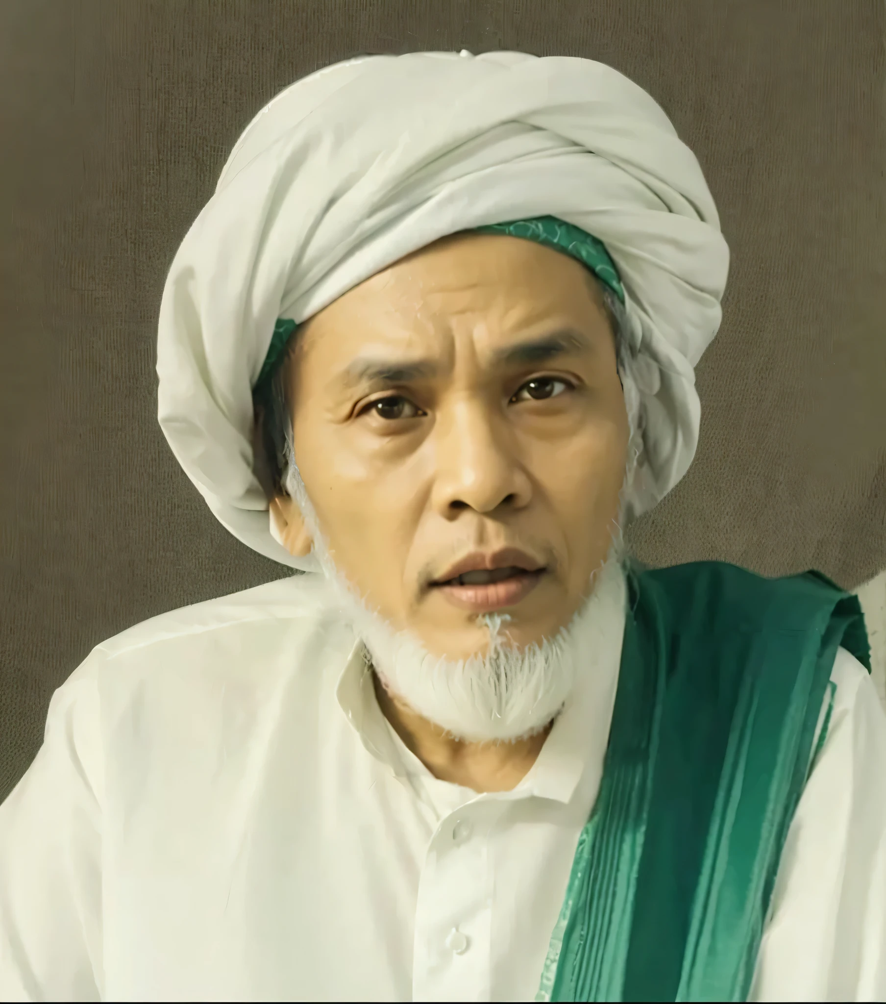 Indonesian cleric, 50 years old, wearing a white turban, white clothes, green turban, similar background, looks very real and natural, hyperrealistic, sufficient lighting,