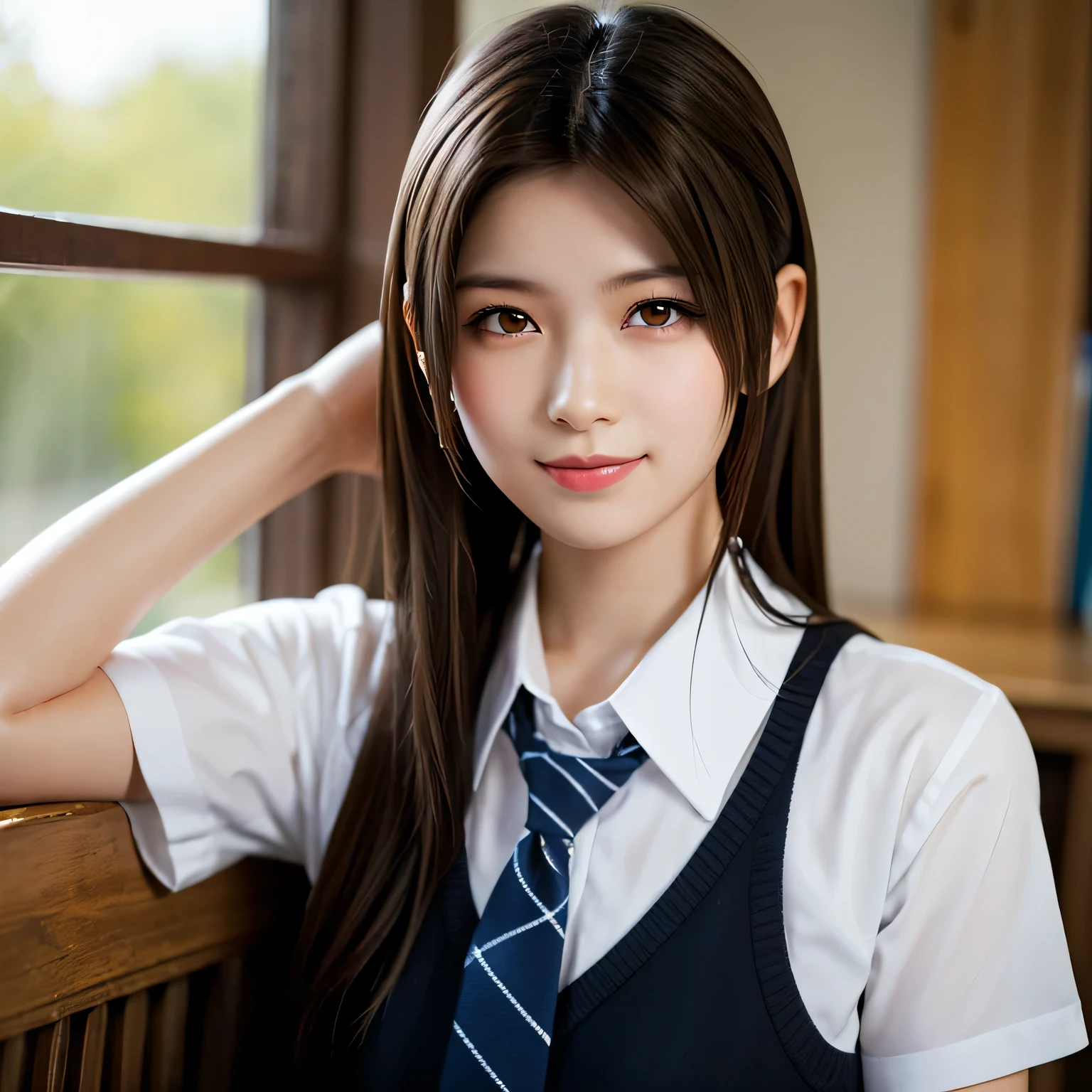Highest quality, Upper body focus, Soft Light, Ultra-high resolution, (Realistic:1.4), RAW Photos, One of the Japan, alone, cute, (pupil, light in your eyes), Beautiful face in every detail, (Small Box),(High resolution detail of human skin texture), (Shoulder-length hair, about semi-long.),In the classroom , Wearing a high school uniform, (Portraiture),smile,Looking out the window,The time period before sunset
