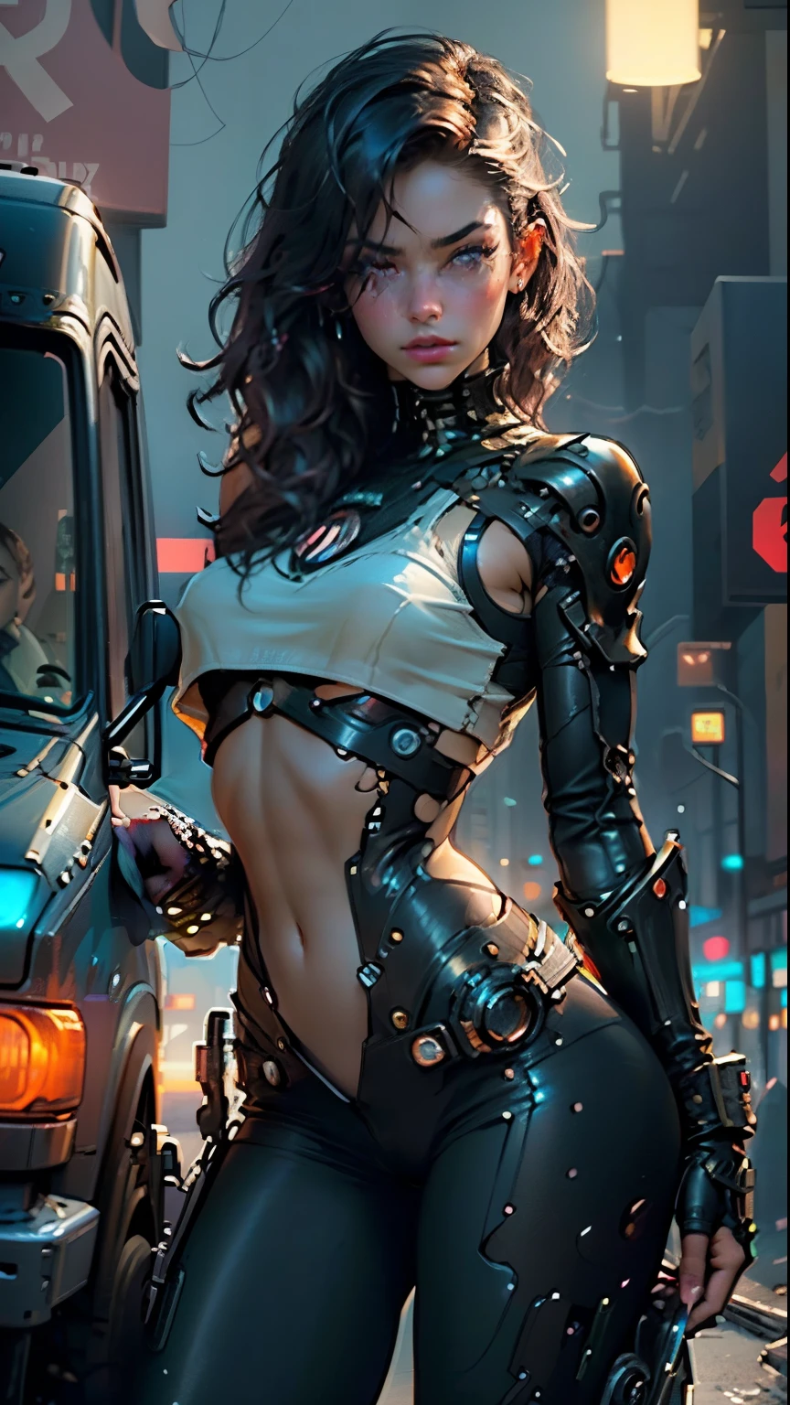 Woman with muscular thighs, body parts, Wear short, Beautiful and delicate eyes, Beautiful and delicate lips, Extremely detailed face, Long eyelashes, Surrealism, Octane Rendering, Movie Lighting, Dramatic Colors, Chiaroscuro, Cyberpunk, Neon lights, Industrial, 8K, high resolution, masterpiece,whole body,A sexy woman with well-developed thigh muscles