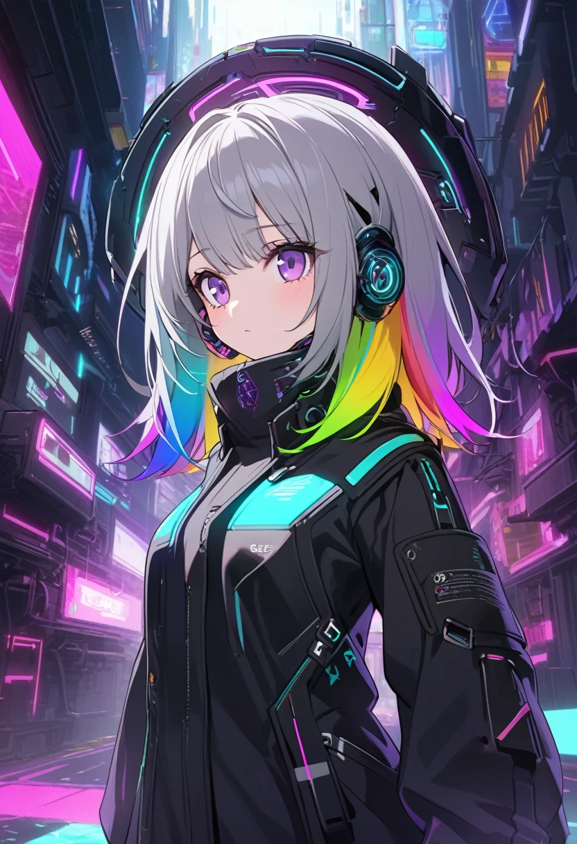 good looking, alone, 1 female, Medium Hair, Gray Hair, Rainbow Hair, Purple eyes, Black clothes, Futuristic, cyber punk, Cybernetic, neon, Scientist,Middle school students、front