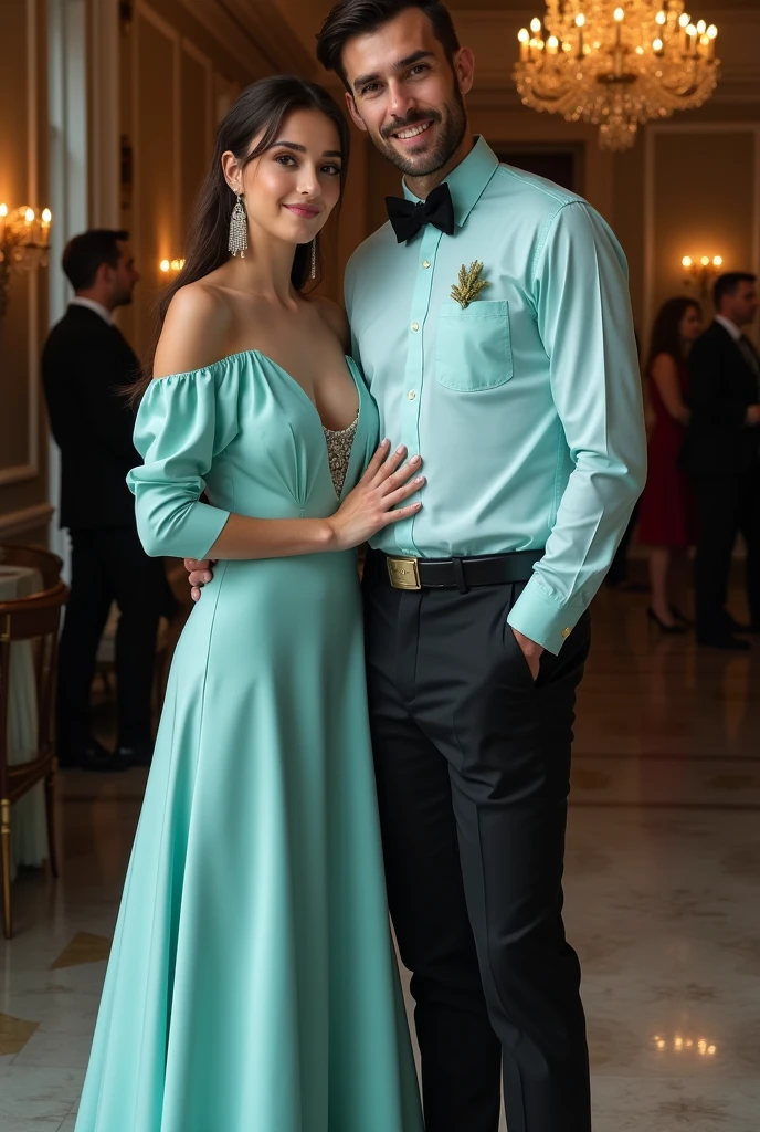 Un couple dont l'homme est habillé en chemise simple bleu turquoise clair avec noeud papillon noir sur un pantalon noir et chaussure en cuir et la dame en robe bleu turquoise clair aussi à une soirée de gala,