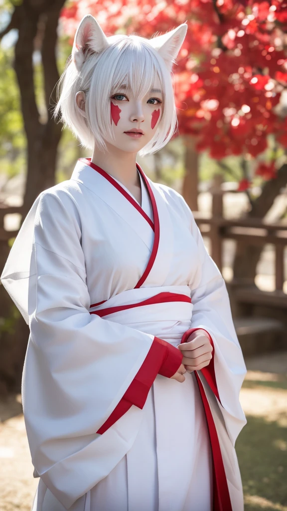 White Demon Fox、Nine-tailed Fox、Japanese women、kimono、Fair skin、Red lines on face、8K、I have white hair、Bobshort hair