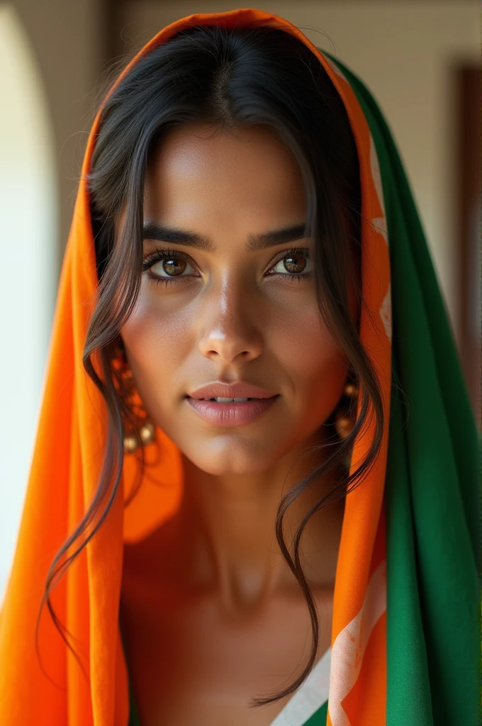 Ultra realistic photo of a beautiful Indian woman wearing indian flag as saree.