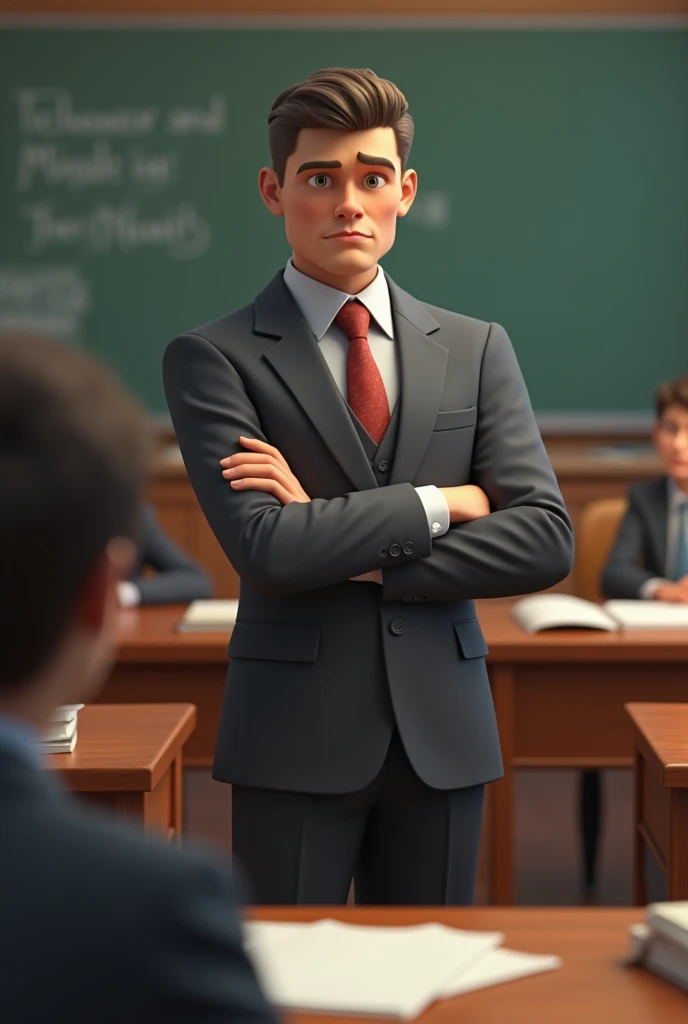 A 3D male teacher see the student with the gentleman expression without smiling in the classroom in standing addition 
