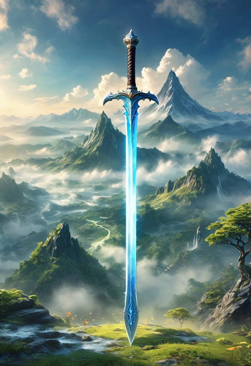 best quality, very good, 16K, ridiculous, Very detailed, Giant glowing sword,made of mist, Background mountain top((A masterpiece full of fantasy elements))), ((best quality)), ((Intricate details))(8K)