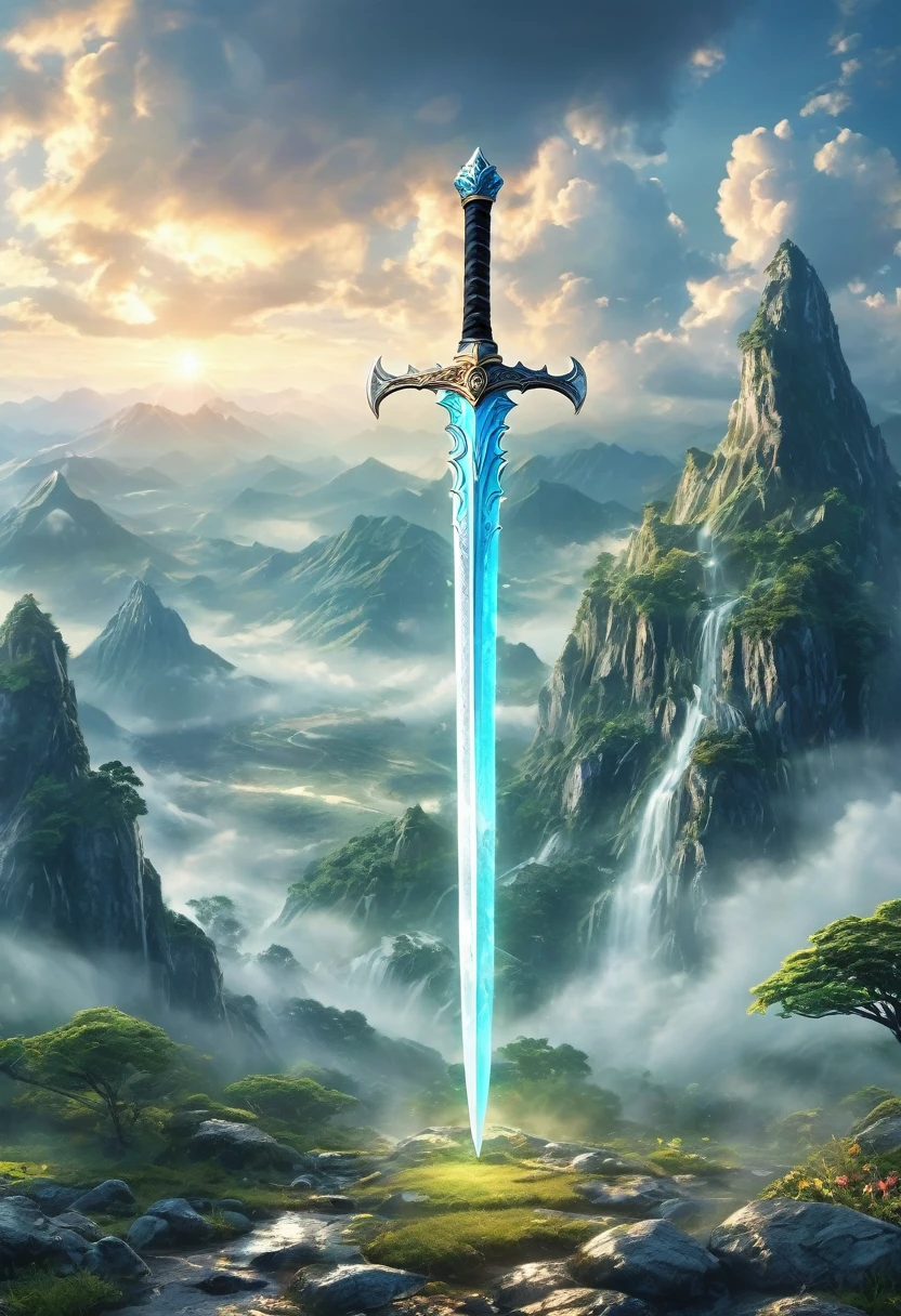 best quality, very good, 16K, ridiculous, Very detailed, Giant glowing sword,made of mist, Background mountain top((A masterpiece full of fantasy elements))), ((best quality)), ((Intricate details))(8K)