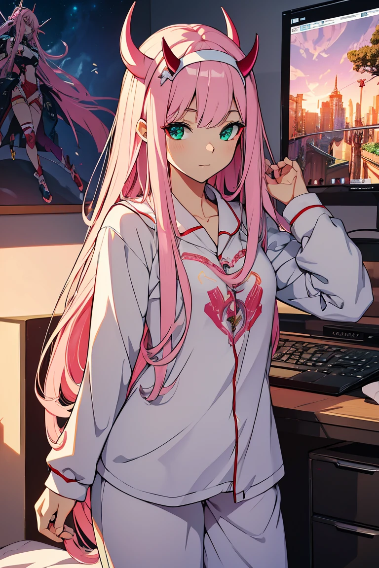 piece of art, maximum quality, best quality specialist, official art, beautiful and aesthetically pleasing, anime, 1 girl, zero two, extremely detailed, colorful, more detailed ((ultra details)), (highly detailed computer illustration), standing alone, pink hair, pair of horns, green eyes, long hair, (character focus), in a white plain pajamas in bed in their bedroom