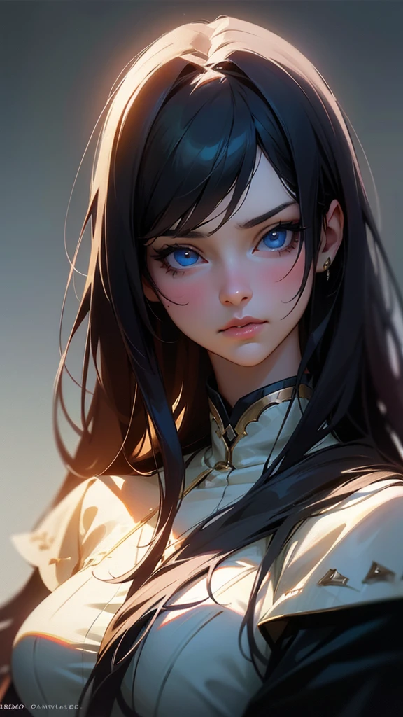 a beautiful girl with long black hair, beautiful detailed eyes, blue eyes, beautiful detailed lips, beautiful detailed face, large breasts, 1girl, solo, realistic, hyper detailed, 8k, high quality, photorealistic, intricate details, chiaroscuro lighting, dramatic lighting, cinematic, portrait