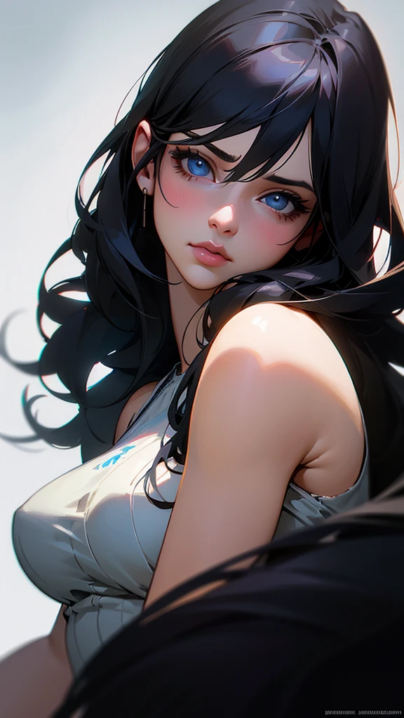 a beautiful girl with long black hair, beautiful detailed eyes, blue eyes, beautiful detailed lips, beautiful detailed face, large breasts, 1girl, solo, realistic, hyper detailed, 8k, high quality, photorealistic, intricate details, chiaroscuro lighting, dramatic lighting, cinematic, portrait