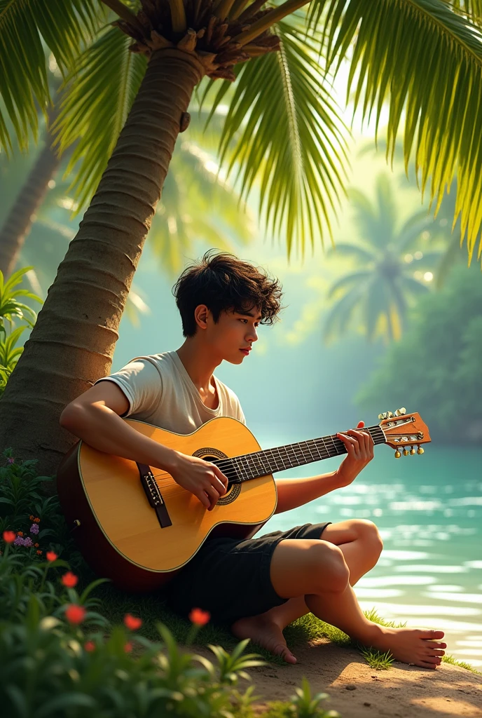 A young man strumming his guitar under a coconut tree beside the river bank.