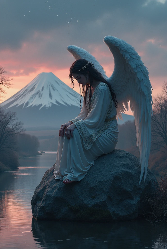 a sad angel, sitting on a large rock on the river bank at dusk, mt.fuji, Starry sky