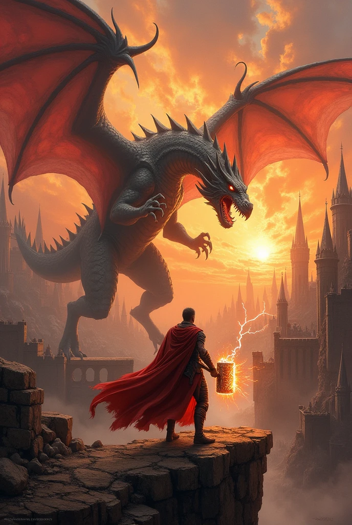 An epic fantasy battle scene, painted in rich, warm oil colors with extraordinary detail. A legendary warrior, draped in a flowing crimson cape, stands on the brink of a colossal chasm, facing a towering, fire-breathing dragon. The warrior wields a massive, glowing hammer, crackling with lightning, as he prepares to deliver a final, earth-shattering blow. The sky above is ablaze with the orange and red hues of a setting sun, casting dramatic shadows across the battlefield. In the background, an ancient fortress crumbles into the abyss, while armies of mythical creatures clash in a ferocious battle. The painting captures the intense energy and grandeur of the moment, with every element, from the warrior's determined expression to the intricate scales of the dragon, rendered in breathtaking detail.