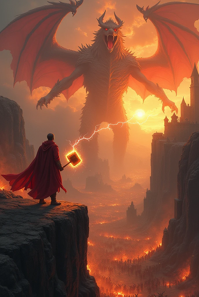 An epic fantasy battle scene, painted in rich, warm oil colors with extraordinary detail. A legendary warrior, draped in a flowing crimson cape, stands on the brink of a colossal chasm, facing a towering, fire-breathing dragon. The warrior wields a massive, glowing hammer, crackling with lightning, as he prepares to deliver a final, earth-shattering blow. The sky above is ablaze with the orange and red hues of a setting sun, casting dramatic shadows across the battlefield. In the background, an ancient fortress crumbles into the abyss, while armies of mythical creatures clash in a ferocious battle. The painting captures the intense energy and grandeur of the moment, with every element, from the warrior's determined expression to the intricate scales of the dragon, rendered in breathtaking detail.